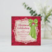 Elegant Red Floral & Green Bow kerstparty Kaart (Staand voorkant)