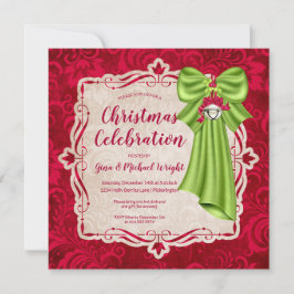 Elegant Red Floral & Green Bow kerstparty Kaart