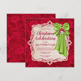 Elegant Red Floral & Green Bow kerstparty Kaart