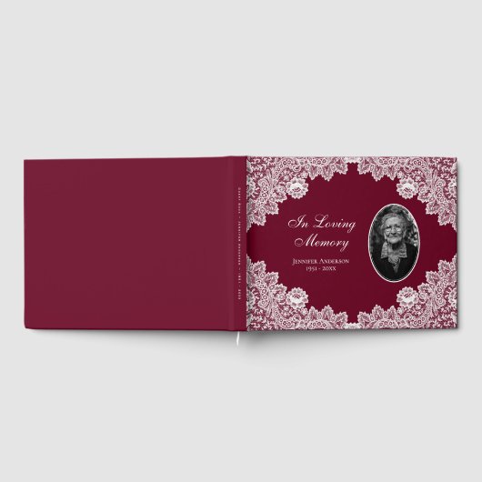 Elegant  Red Floral Lace Funeral Photo Gastenboek (Volledig)