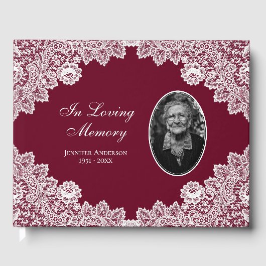 Elegant  Red Floral Lace Funeral Photo Gastenboek (Voorkant)
