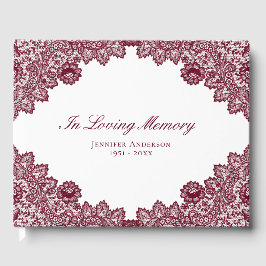 Elegant  Red Floral Lace Memorial Funeral Gastenboek