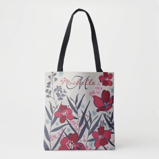 Elegant Red Floral Monogram Tote Bag (Voorkant)