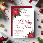Elegant Red Floral Poinsettia Holiday Open House Kaart