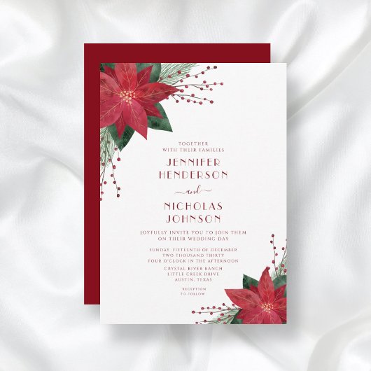 Elegant Red Floral Poinsettia kerstbruiloft Kaart