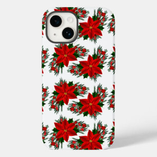 Elegant Red Floral Poinsettia Pine Greenery Leaves Case-Mate iPhone 14 Hoesje