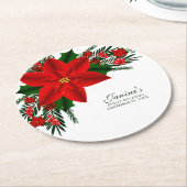 Elegant Red Floral Poinsettia Pine Greenery Leaves Ronde Kartonnen Onderzetter (Gebogen)