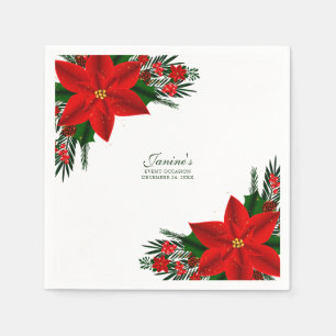 Elegant Red Floral Poinsettia Pine Greenery Leaves Servet
