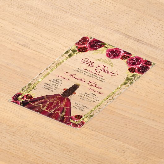 Elegant Red Floral Princess Gold Arch Quinceanera Acryl Uitnodigingen (Laagn)