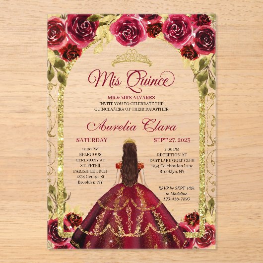 Elegant Red Floral Princess Gold Arch Quinceanera Acryl Uitnodigingen (Voorkant)