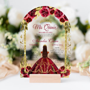 Elegant Red Floral Princess Gold Arch Quinceanera Acryl Uitnodigingen