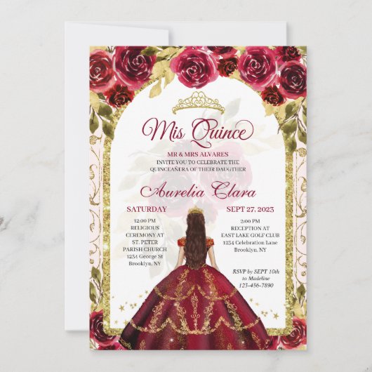 Elegant Red Floral Princess Gold Arch Quinceanera Kaart (Voorkant)