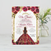 Elegant Red Floral Princess Gold Arch Quinceanera Kaart (Staand voorkant)