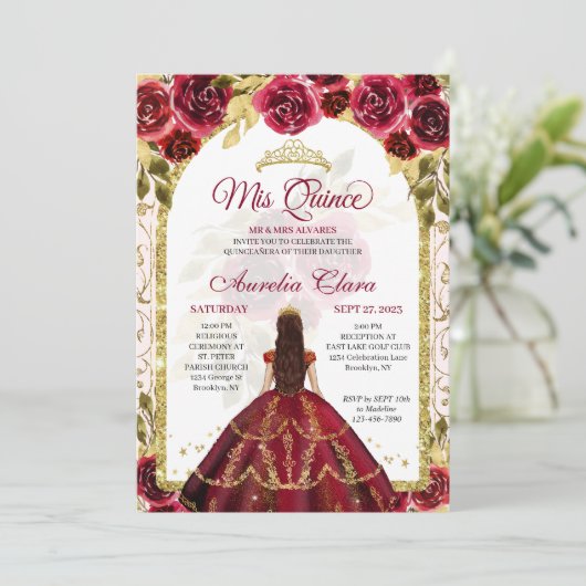 Elegant Red Floral Princess Gold Arch Quinceanera Kaart (Staand voorkant)