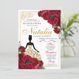 Elegant Red Floral Quinceanera Birthday Kaart