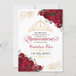 Elegant Red Floral Quinceanera Birthday Kaart
