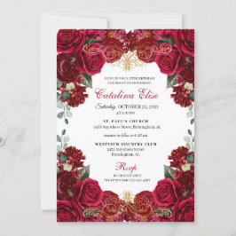 Elegant Red Floral Quinceanera Birthday Uitnodigin Kaart