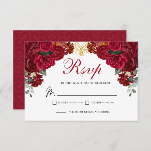 Elegant Red Floral RSVP Enclosure Card (Voorkant / Achterkant)