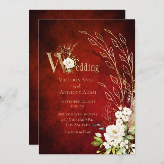 Elegant Red Floral Rustic Script Wedding Kaart (Voorkant / Achterkant)