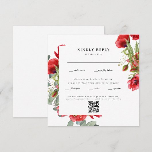Elegant Red Floral Square Wedding QR Code RSVP (Voorkant / Achterkant)