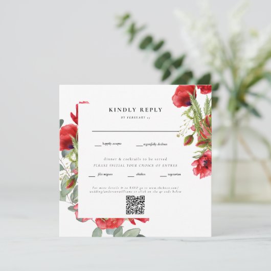 Elegant Red Floral Square Wedding QR Code RSVP (Staand voorkant)