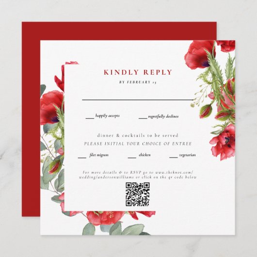 Elegant Red Floral Square Wedding QR Code RSVP II (Voorkant / Achterkant)