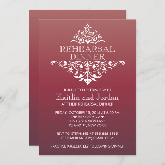 Elegant  Red Flourish Rehearsal Dinner Kaart (Voorkant / Achterkant)