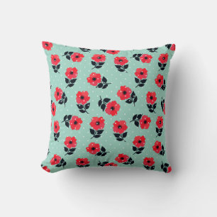 Elegant Red Flowers Aqua Blue Polka Dots Patroon Kussen