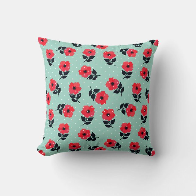 Elegant Red Flowers Aqua Blue Polka Dots Patroon Kussen (Voorkant)