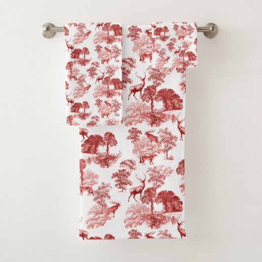 Elegant  Red French Toile Deer Bad Handdoek (Insitu)