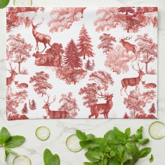 Elegant Red French Toile Deer in Woodland Theedoek (Gevouwen)