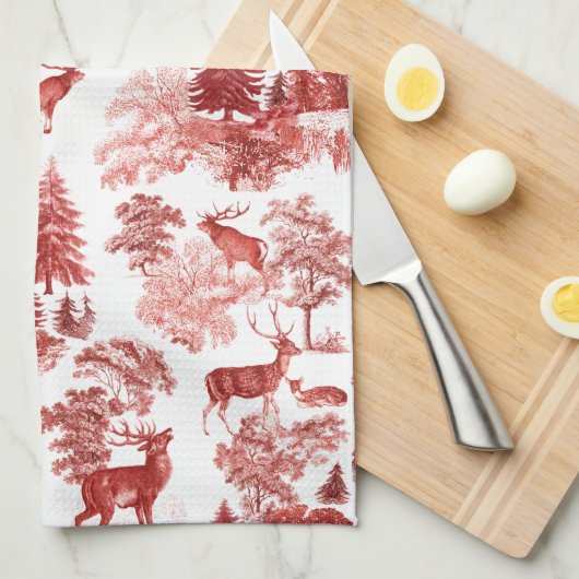 Elegant Red French Toile Deer in Woodland Theedoek (Quarter Fold)