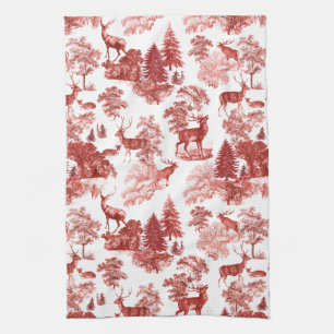 Elegant Red French Toile Deer in Woodland Theedoek