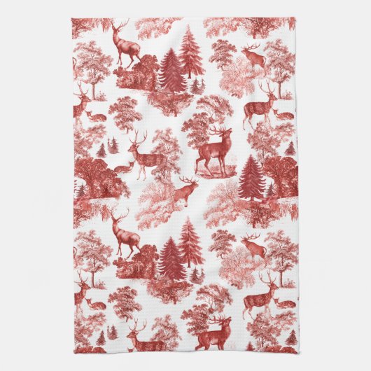 Elegant Red French Toile Deer in Woodland Theedoek (Verticaal)
