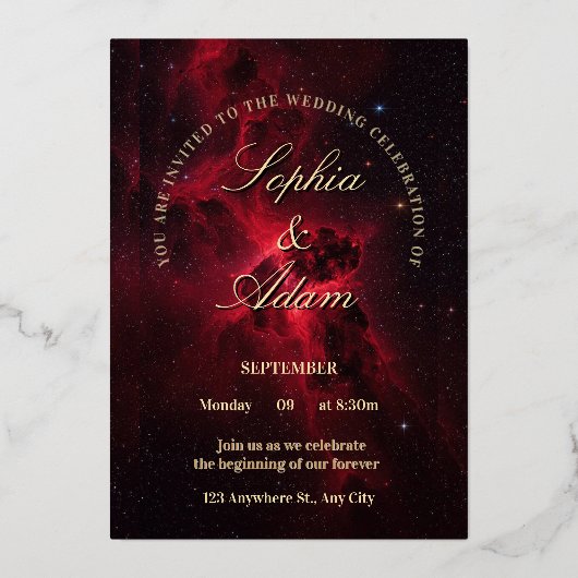 Elegant Red Galaxy Wedding Invitation Folie Uitnodiging (Voorkant)