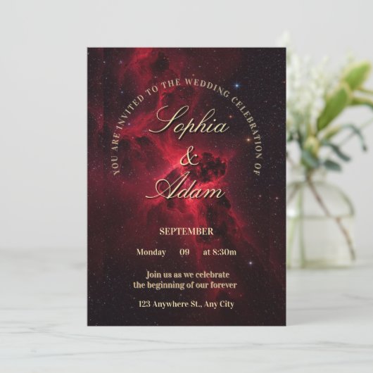 Elegant Red Galaxy Wedding Invitation Save The Date (Staand voorkant)