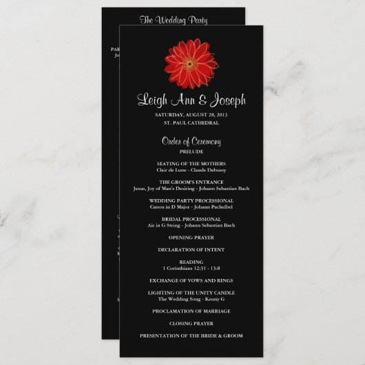 Elegant Red Gerber Daisy Wedding Programme Kaart (Voorkant / Achterkant)