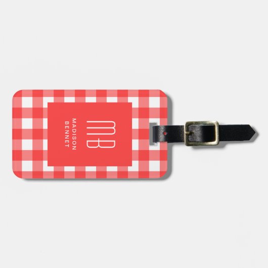 Elegant Red Gingham Monogram Bagagelabel (Voorkant horizontaal)