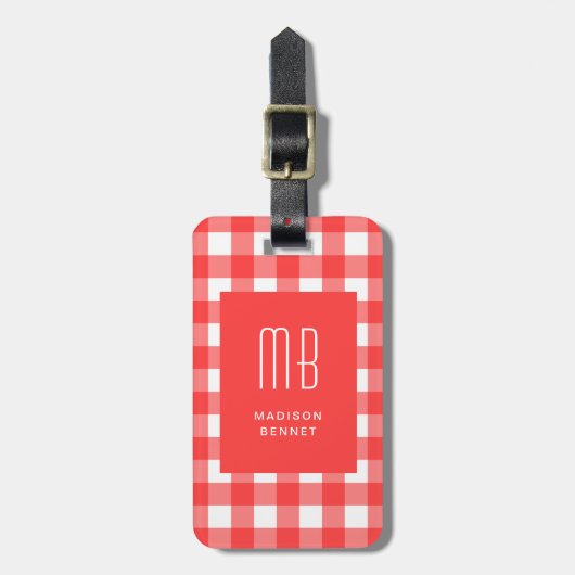 Elegant Red Gingham Monogram Bagagelabel (Voorkant verticaal)