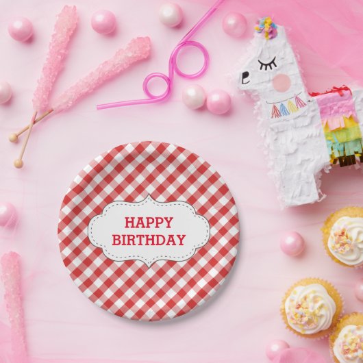 Elegant Red Gingham Pattern gepersonaliseerd op za Papieren Bordje (Feest)