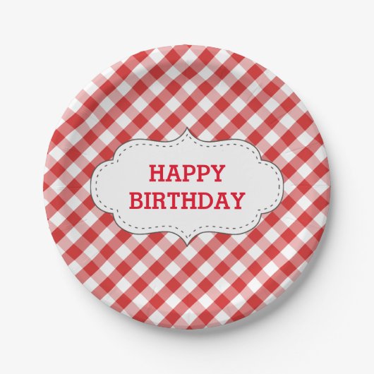 Elegant Red Gingham Pattern gepersonaliseerd op za Papieren Bordje (Voorkant)