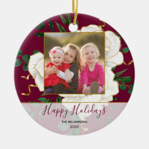 Elegant Red Glam  White Roses Holiday Foto Keramisch Ornament