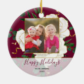 Elegant Red Glam  White Roses Holiday Foto Keramisch Ornament (Achterkant)