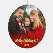 Elegant Red Glitter Family 2 Fotokerstfeest Keramisch Ornament (Links)