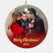 Elegant Red Glitter Family 2 Fotokerstfeest Keramisch Ornament (Achterkant)