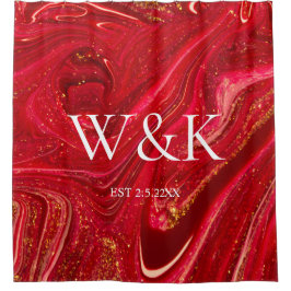 Elegant Red Glitter Initial Wedding Couple  Douchegordijn