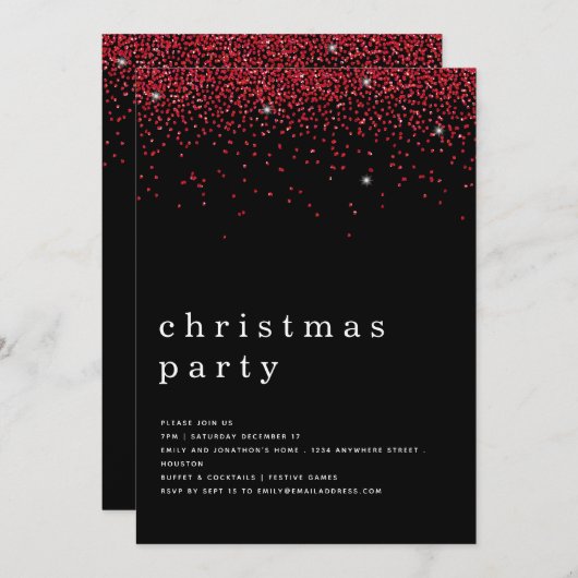 Elegant Red Glitter Kerstfeest Black Kaart (Voorkant / Achterkant)