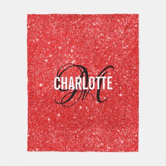 Elegant red glitter monogram name fleece blanket (Voorkant)