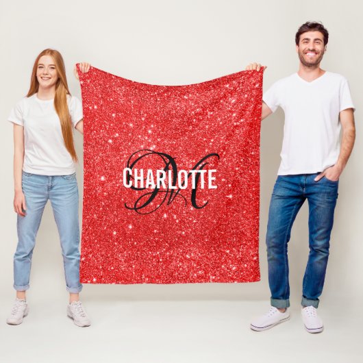 Elegant red glitter monogram name fleece blanket deken (In situ)