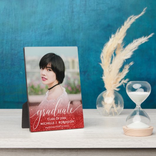 Elegant Red Glitter Ombre Girly Foto Afstuderen Fotoplaat (Zijkant)
